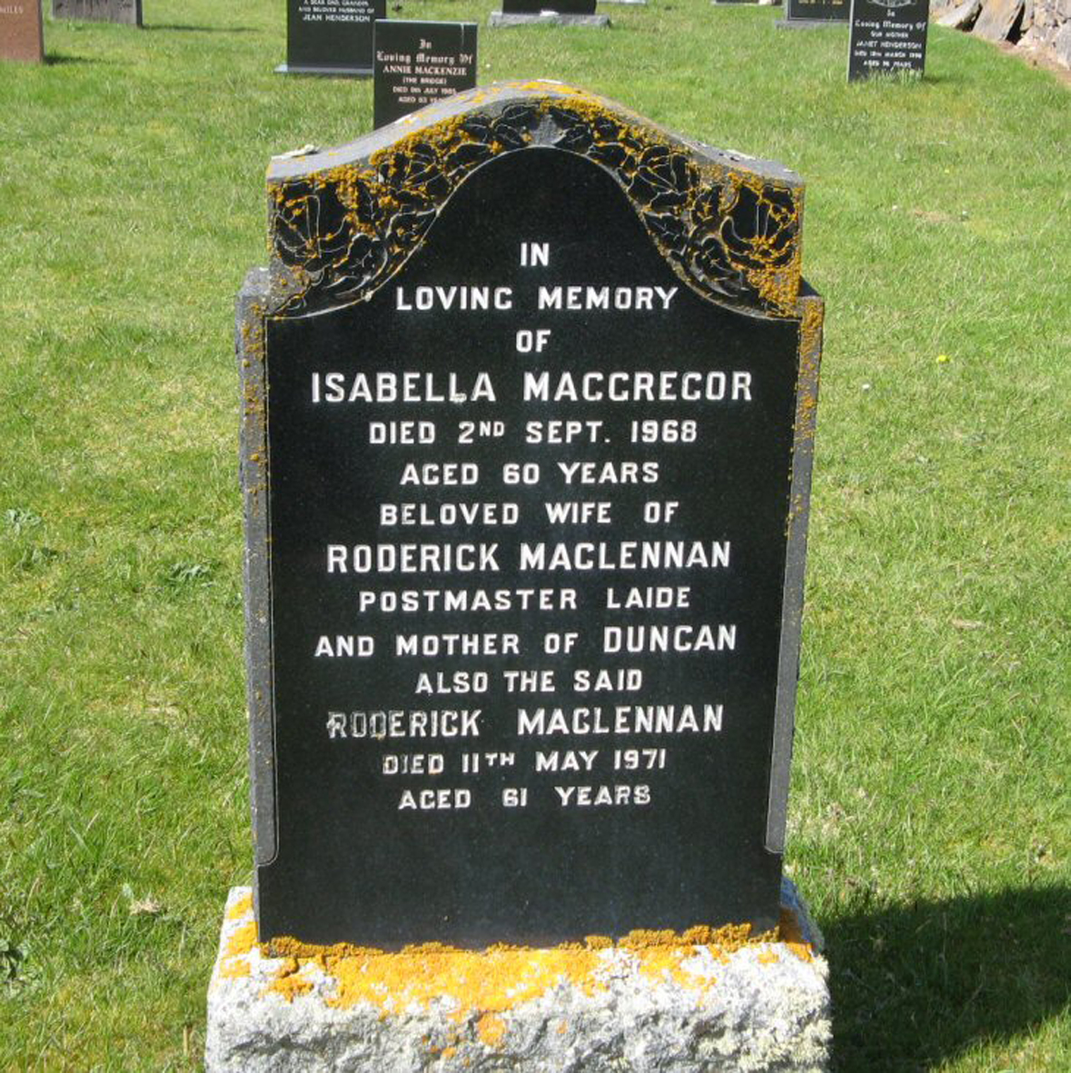Photo of headstones/Roderick MacLennan died 1971 MI Mellon Charles